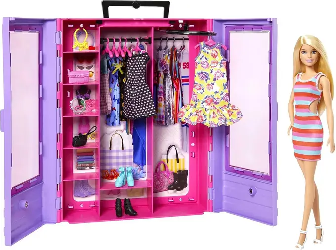 Armário de Moda Portátil Barbie Roxo e Rosa com Boneca e Acessórios