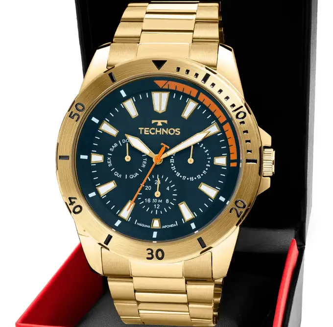 Relógio Masculino Technos Militar Multifunção Aço Dourado 6p29amn/1a