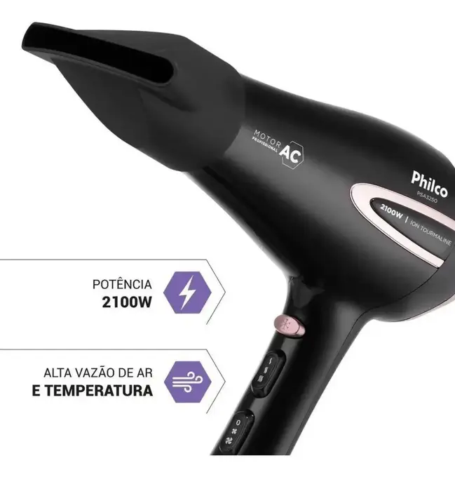 Secador De Cabelo Profissional Philco 2100w Íon Com Difusor