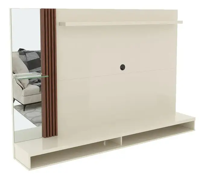 Painel Para TV Até 55 Polegadas ViaNossa Ripado e Espelho Paris 160cm Off White/Naturale
