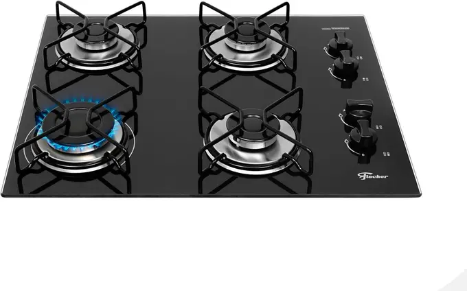 Fischer Cooktop a Gás 4 Bocas Fit Line Trempe Aramado Mesa Vidro Preto Bivolt