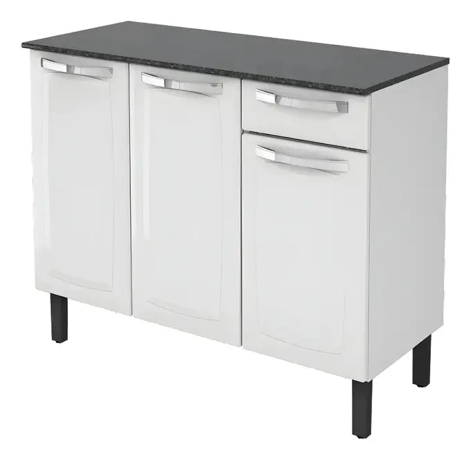Balcão de Cozinha Itatiaia Aço 3 Portas 1 Gaveta Com Tampo de 105 CM Modelo Rose Branco Neve